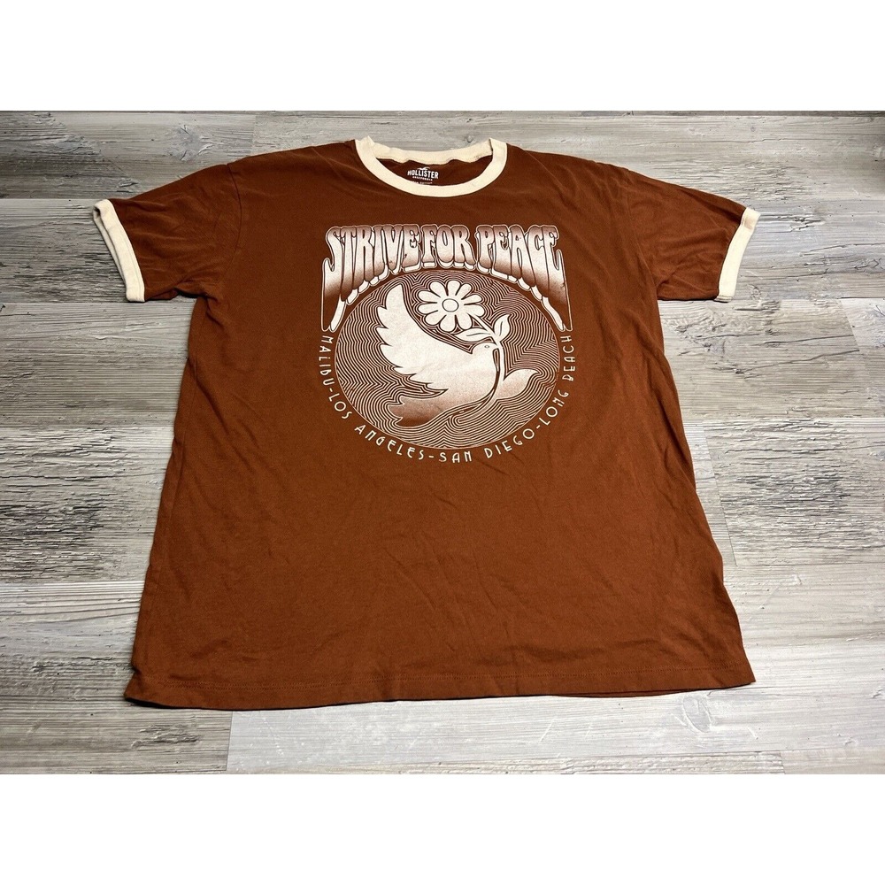 Hollister Ringer T-Shirt Womens XS Brown Cream Strive For Peace Graphic